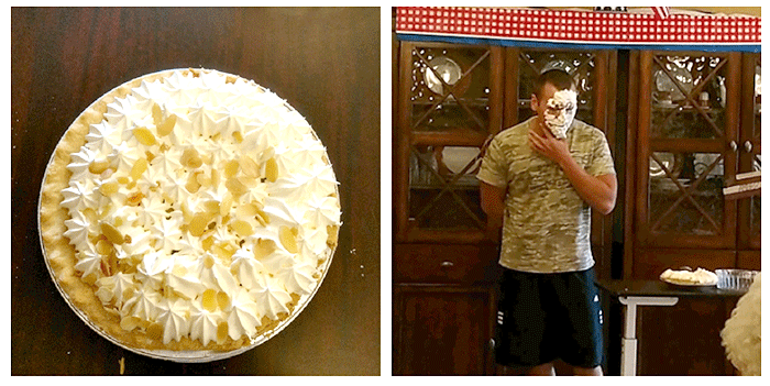 collage of pie and man with pie on his face